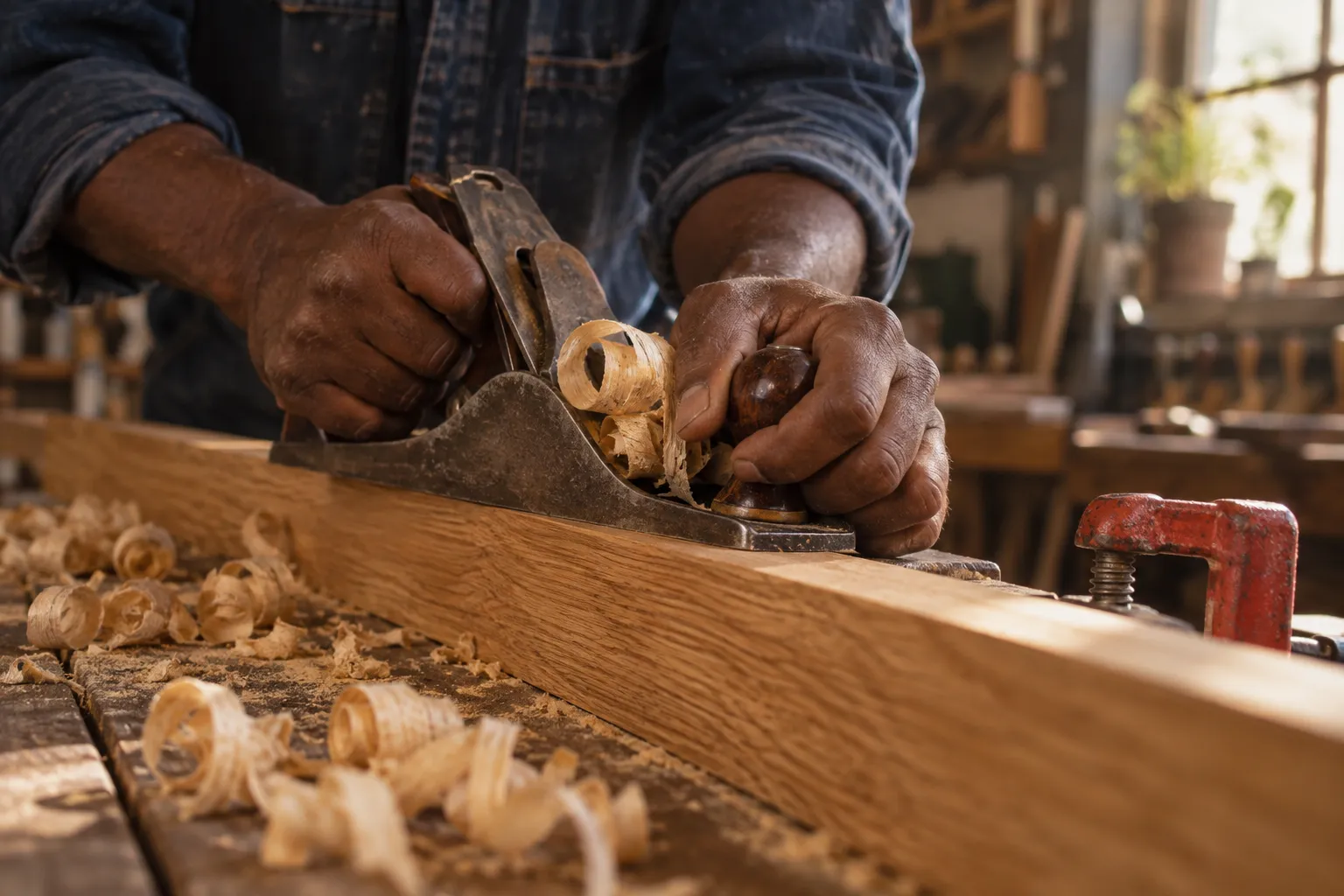 Craftsperson planing a piece of oak by hand