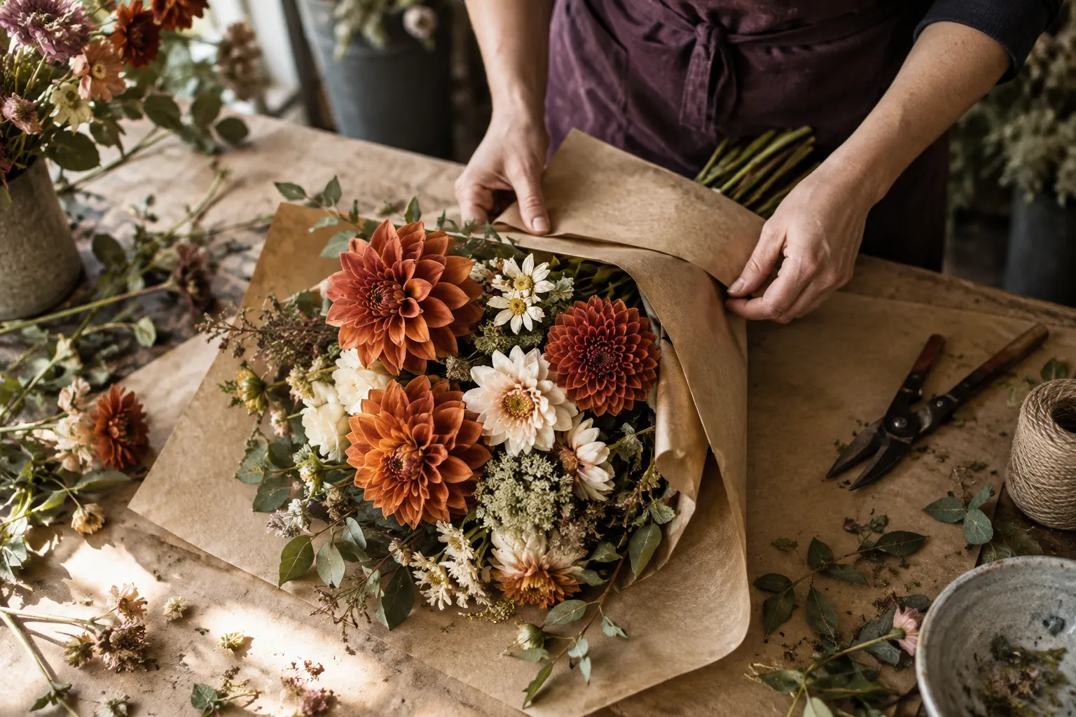 Florist arranging orange dahlias in warm paper