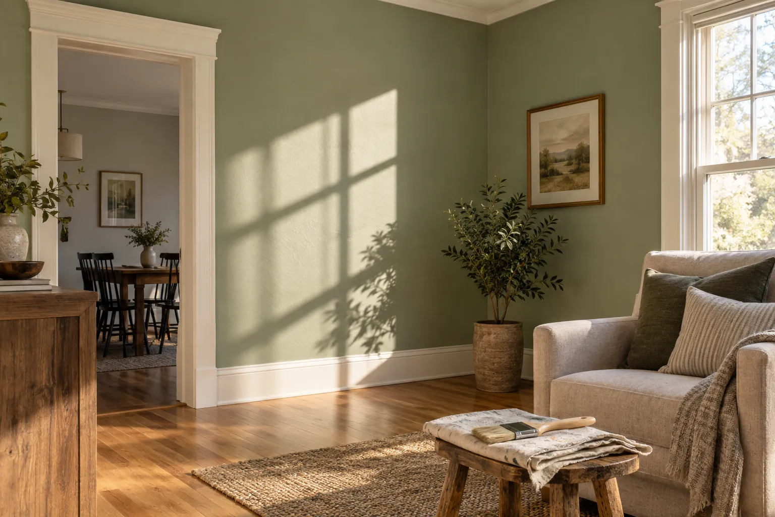 AI-generated illustration of a sage-painted living room